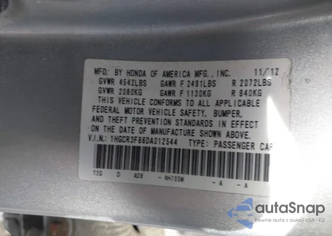 2013 Honda Accord Ex-L V-6 from USA, damaged, VIN 1HGCR3F86DA012544